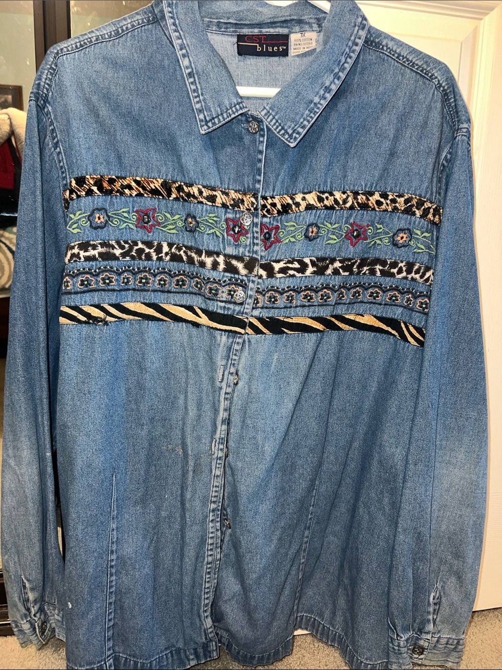 CST Blues vintage Embroidered Denim Shirt Jacket - Blue with Multicolor Trim